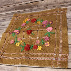 RAISED EMBROIDERED FLOWERS HAND STITCHED ROSES PINK, RED, PURPLE 17.5" x 17.5"